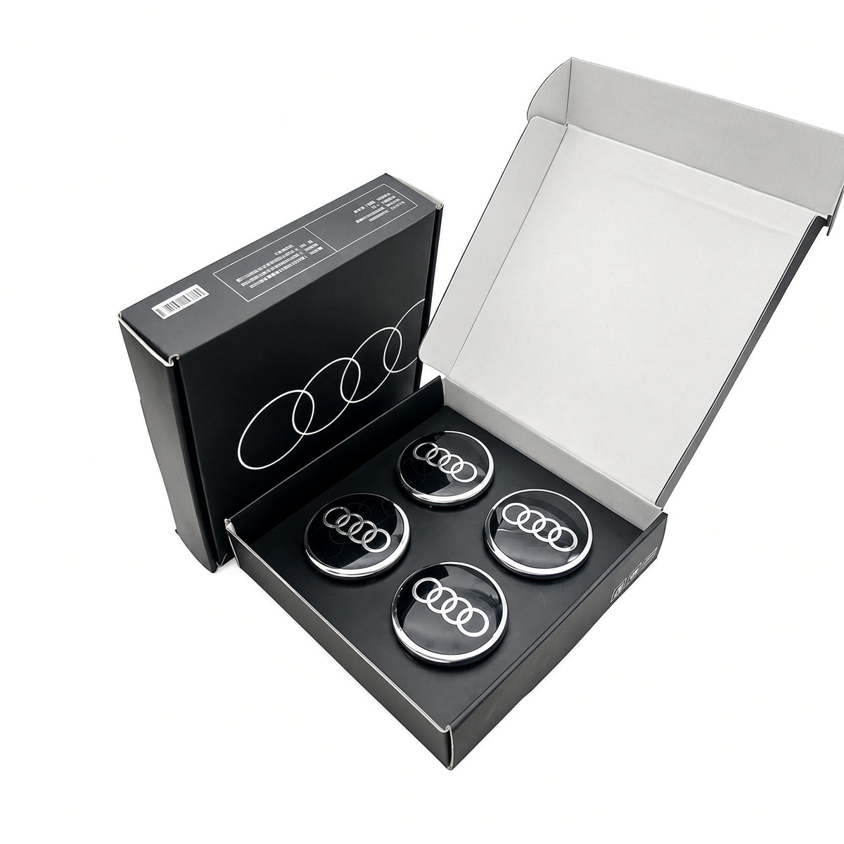 Black floating centre caps set of 4 for Audi wheels in open black gift box