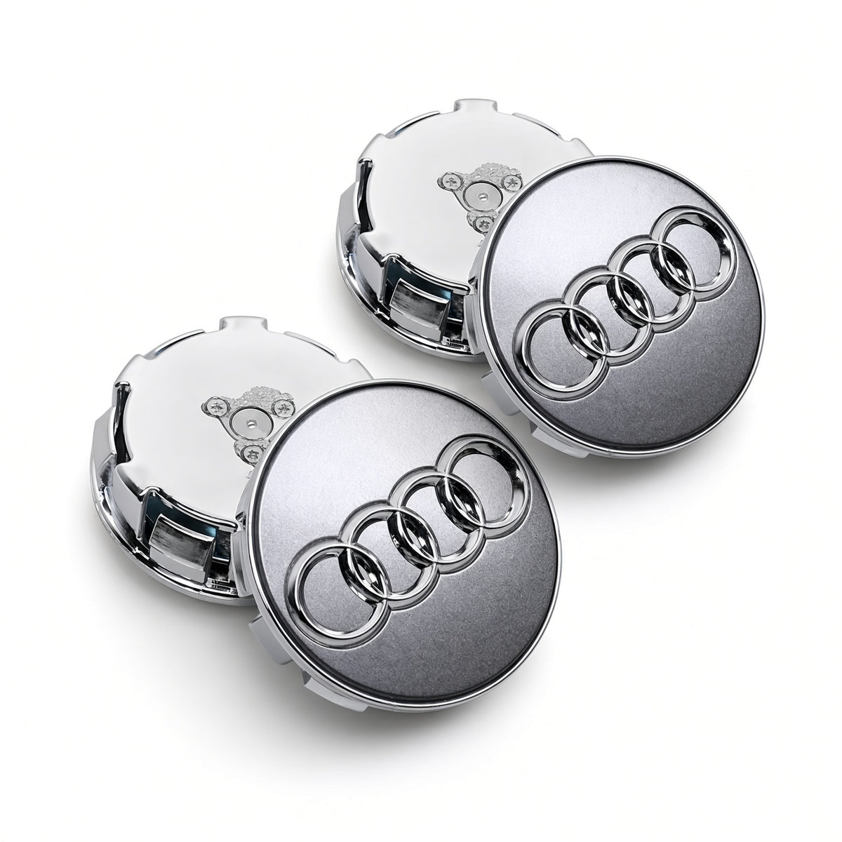 Silver grey Audi floating centre caps showing clip-in backs
