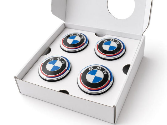BMW floating centre caps set of 4 with blue and white roundel and M-colour rim in white gift box