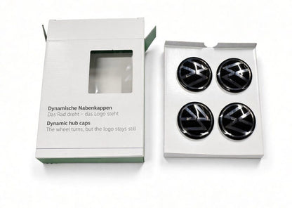VW floating centre caps set of 4 shown with retail packaging box
