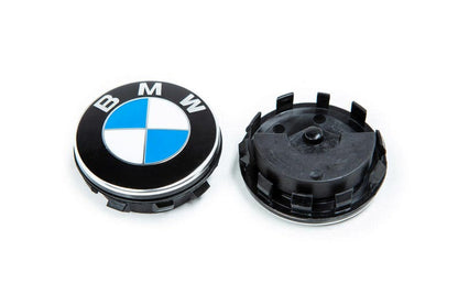 BMW blue and white floating centre cap shown front and back